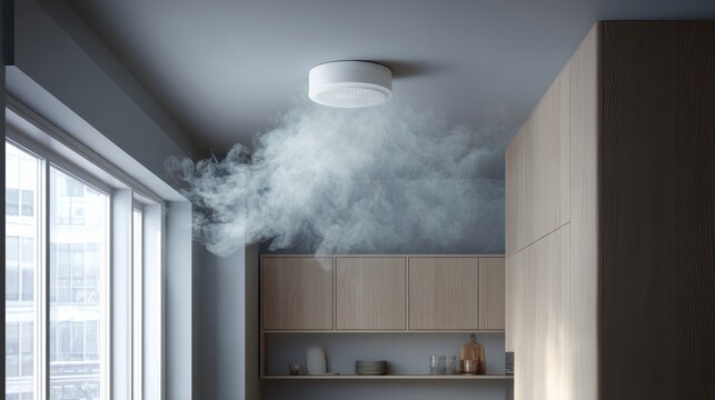Smoke fills a modern kitchen as a ceiling smoke detector activates, highlighting a potential fire safety hazard in the home