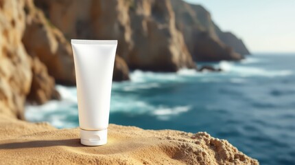Natural skincare product mockup on a sunny coastal cliff.