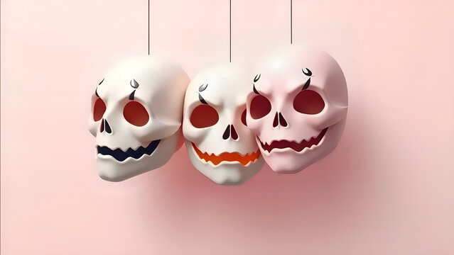 Halloween 3D skull faces with glowing red eyes