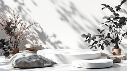 Minimalist white podiums with plants and shadows for product display.