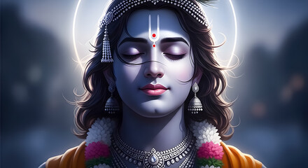 Meditative Lord Krishna with closed eyes and divine halo, spiritual serenity