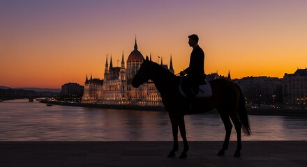 Silhouette horseback rider sunset parliament