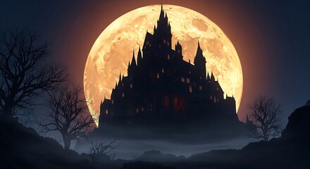 Spooky Halloween Castle Under a Giant Full Moon