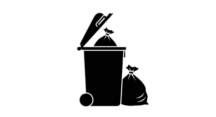 A black silhouette of a trash can with its lid open, revealing a full trash bag inside, and another trash bag placed beside it, all isolated on a transparent background