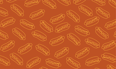 Seamless Hotdog Sandwich Line Pattern. Hand drawn vector illustration of hot dog pattern. Fast Food Icon Background