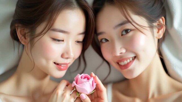 Two beautiful skin care faces multiracial girls women female Caucasian Asian Korean Chinese Japanese indoors holding flowers delicate facial surgery aromatherapy natural eco cosmetic gentle perfume