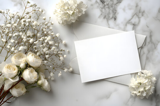 Feminine winter wedding, brthday stationery mock-up cene. Blank greeting card,envelope. Dry hydrangea, wite roses and gypsophila fowers bouquet. Marble ston table background. Flat la, top view.