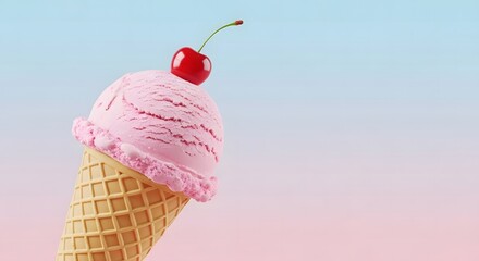 A perfect scoop of pink strawberry ice cream in a crispy waffle cone with a cherry on top. A classic summer dessert symbolizing sweet, cool refreshment