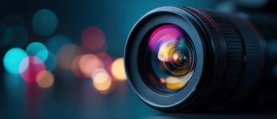 A close-up of a camera lens with colorful bokeh lights in the background, capturing a creative and vibrant photography scene
