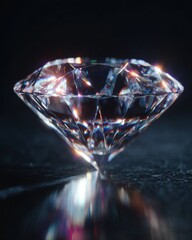 Sparkling Clear Diamond Close-Up on Dark Background Showcasing Brilliant Reflections and Light Play