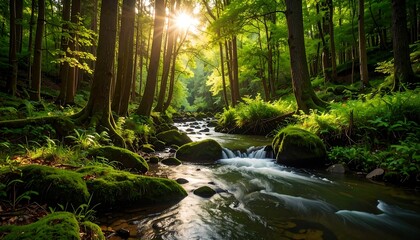 Obraz premium Sunbeams illuminate a tranquil forest stream