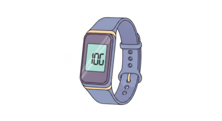 A simple cartoon illustration of a blue fitness tracker with a yellow accent on its screen, displaying the number 100, isolated on a transparent background