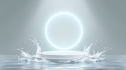 Minimalist Podium with Water Splash and Neon Ring.
