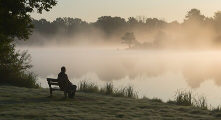 Person contemplating on lake at dawn