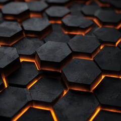 Abstract design of black hexagonal tiles with glowing orange lines highlighting the unique shapes and textures for creative use.