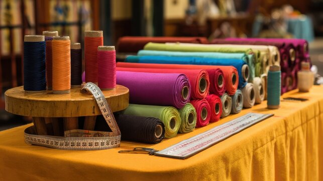 Colorful Sewing Threads and Rolls of Fabric Arranged Neatly on a Table with Measuring Tape in Creative Workshop Setting - Powered by Adobe