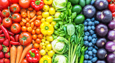 A vibrant rainbow of fresh vegetables and fruits arranged in a colorful, vibrant display.