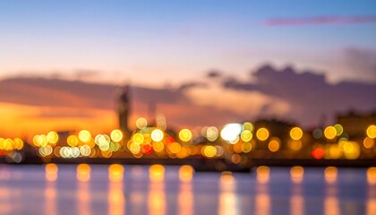 Blurry city skyline at sunset over water