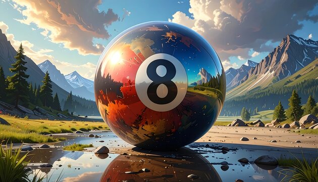 A mirrored eight ball rests in a mountain valley landscape, bathed in sunlight