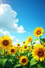 Fototapeta premium Golden sunflowers bask in azure sky, fluffy clouds drift overhead , calm, bloom, scenery