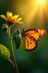 Fototapeta premium Golden hour light streams onto butterfly breaking free from its chrysalis , close-up, elegant, design