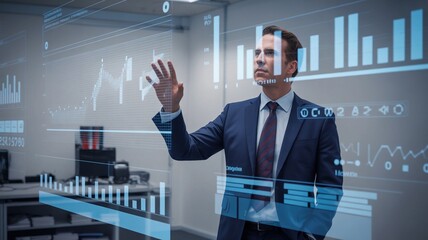 A business professional in a suit engages with interactive digital displays, analyzing data visualizations in a contemporary office. The focus is on technology and analysis.