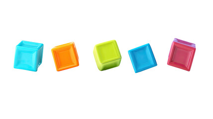 Five colorful, cube-shaped candies or blocks, arranged horizontally against a transparent background