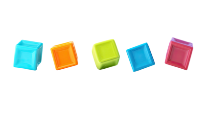 Five colorful, cube-shaped candies or blocks, arranged horizontally against a transparent background