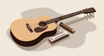 A warm flat design vector illustration showcasing an acoustic guitar and a harmonica, representing folk or blues music and unplugged performances.