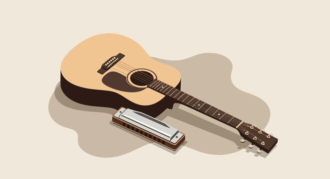 A warm flat design vector illustration showcasing an acoustic guitar and a harmonica, representing folk or blues music and unplugged performances.