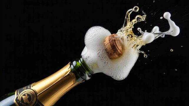 A champagne bottle bursts open, releasing frothy bubbles and a cork flying. This lively moment captures the excitement of celebration during a joyful event. - Powered by Adobe