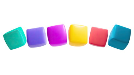 Colorful, cube-shaped candies or jewels in a rainbow spectrum,  slightly angled and overlapping, appear 3D