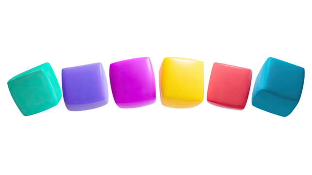 Colorful, cube-shaped candies or jewels in a rainbow spectrum,  slightly angled and overlapping, appear 3D