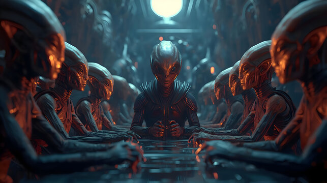 Alien creatures intensely gather around council table, their determined expressions aiming to find universal peace agreement. somber chamber holds an air of strategic deliberation