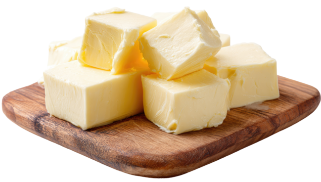 Cubes of pale yellow butter on a light brown wooden cutting board