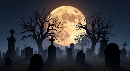 Spooky Halloween Graveyard Scene Silhouetted Headstones  Bare Trees  and a Full Harvest Moon in a Foggy Cemetery at Night
