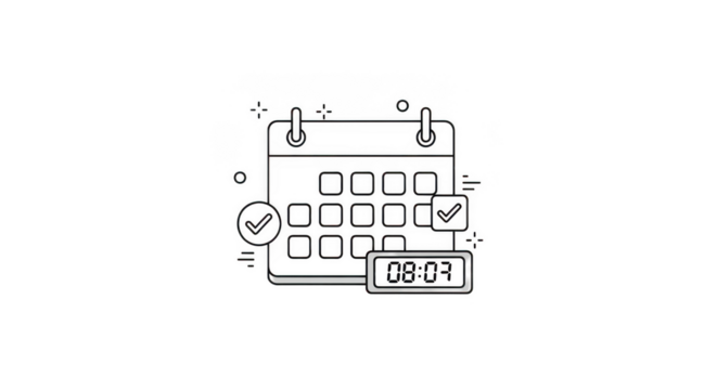 A stylized black and white line drawing of a calendar with checkmarks and a digital clock displaying 0807, isolated on a transparent background