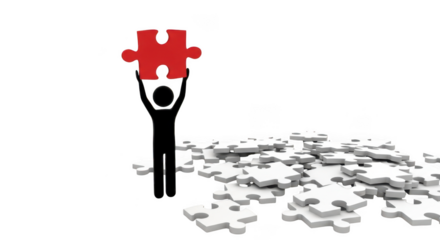 A stylized black figure holds a red puzzle piece above a pile of scattered white puzzle pieces, isolated on a transparent background