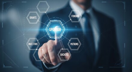 Businessman Selecting Sponsor Option on Futuristic Interface