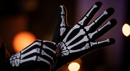 Close up of hands wearing black gloves with white skeleton bone print, concept for Halloween costume (1), themed party (2) and seasonal decoration (3)