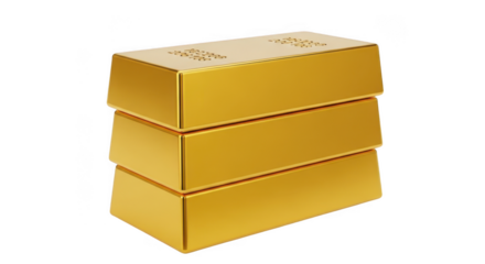 Three shiny gold bars are stacked neatly on a plain transparent background, symbolizing wealth and financial success