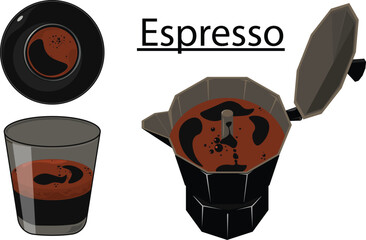 cup of coffee americano , moka pot and espresso collection. design, poster, invitation card. vector illustration.