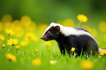 Fototapeta premium Curious skunk sniffing vibrant yellow wildflowers, summer meadow, mammal, cute