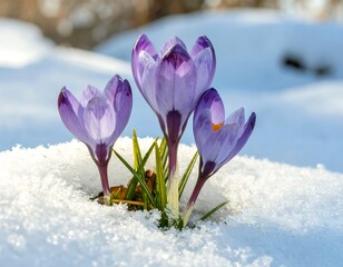 Purple crocuses blooming in snow
