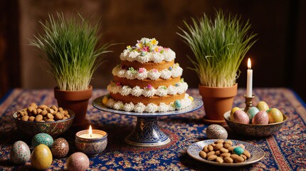 traditional persian novruz celebration with pakhlava, painted eggs, and vibrant wheatgrass centerpiece | festive, celebration, persian, spring, tradition theme