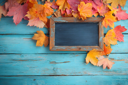 Blank antique rustic teal blue background with colorul autumn leaves border; woden fall sign with copy sace