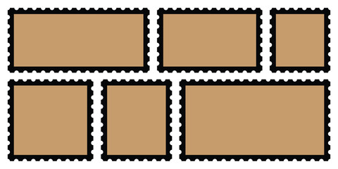  postage stamps set. Post stamp frames and borders. Ellipse, rectangle, square template for mail, postcard, letter, note. Jagged wavy edge. Light Postage Stamps collection. Blank Postage Stamp .