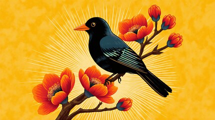 festive sri lankan new year scene with vibrant erythrina flowers and black asian koel birds | holiday, culture, nature, festive, spiritual theme