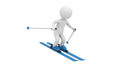 A white 3d stick figure skier with blue skis and poles is skiing down a slope, isolated on a transparent background