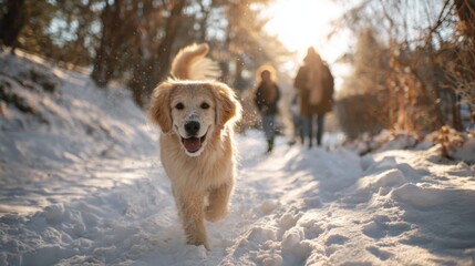 Happy golden retriever dog running through snow in winter park with family